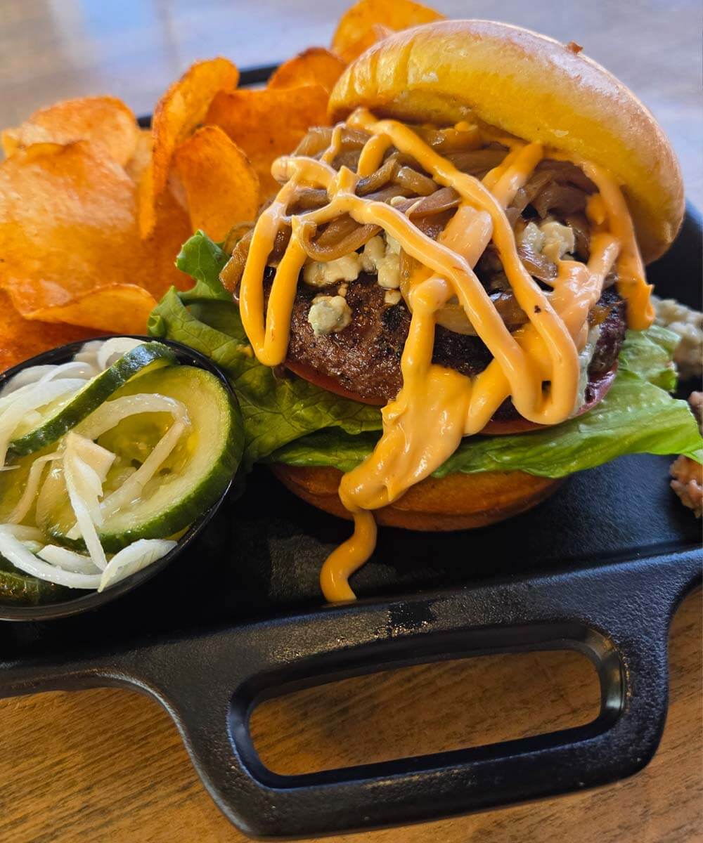 Black & Bleu Burger on a tray - mobile version